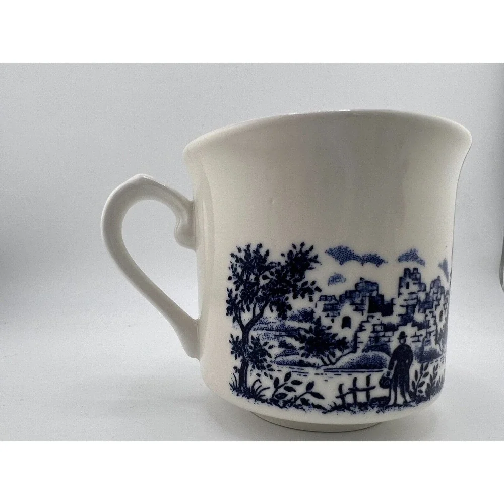 Vintage Blue & White Cottage Glossy Bone China Pastoral‎ Chinoiserie Coffee Cups